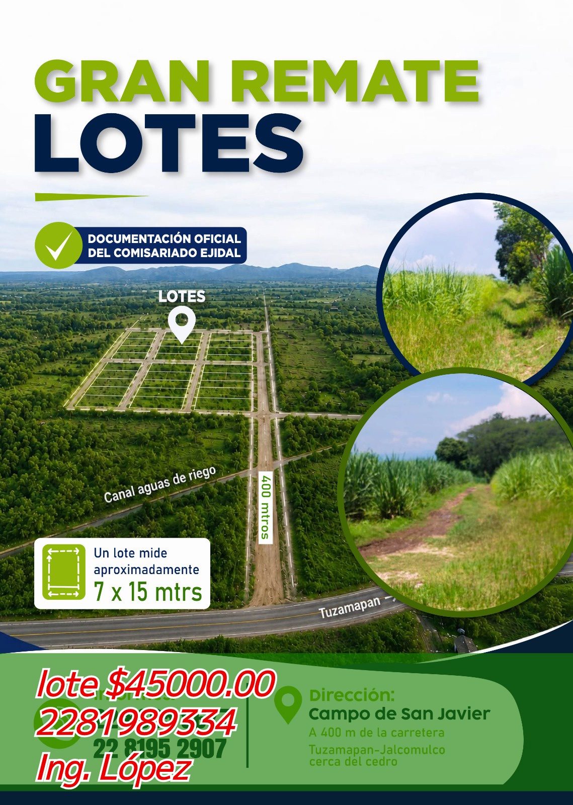 Lotes de 120 m2 (de 7x15 ) cerca de Tuzamapan